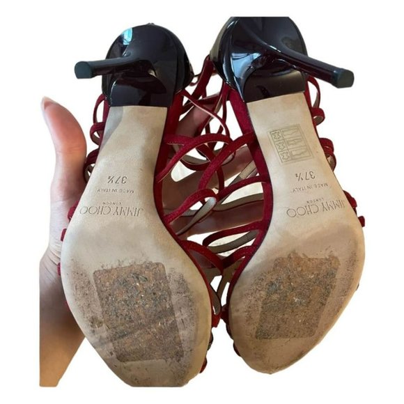 JIMMY CHOO FISCAL SUEDE & PATENT LEATHER STRAPPY STILETTO SANDALS (37.5) - Picture 7 of 8